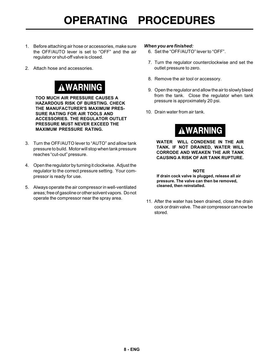 Operating procedures | DeVilbiss FA125 User Manual | Page 8 / 12
