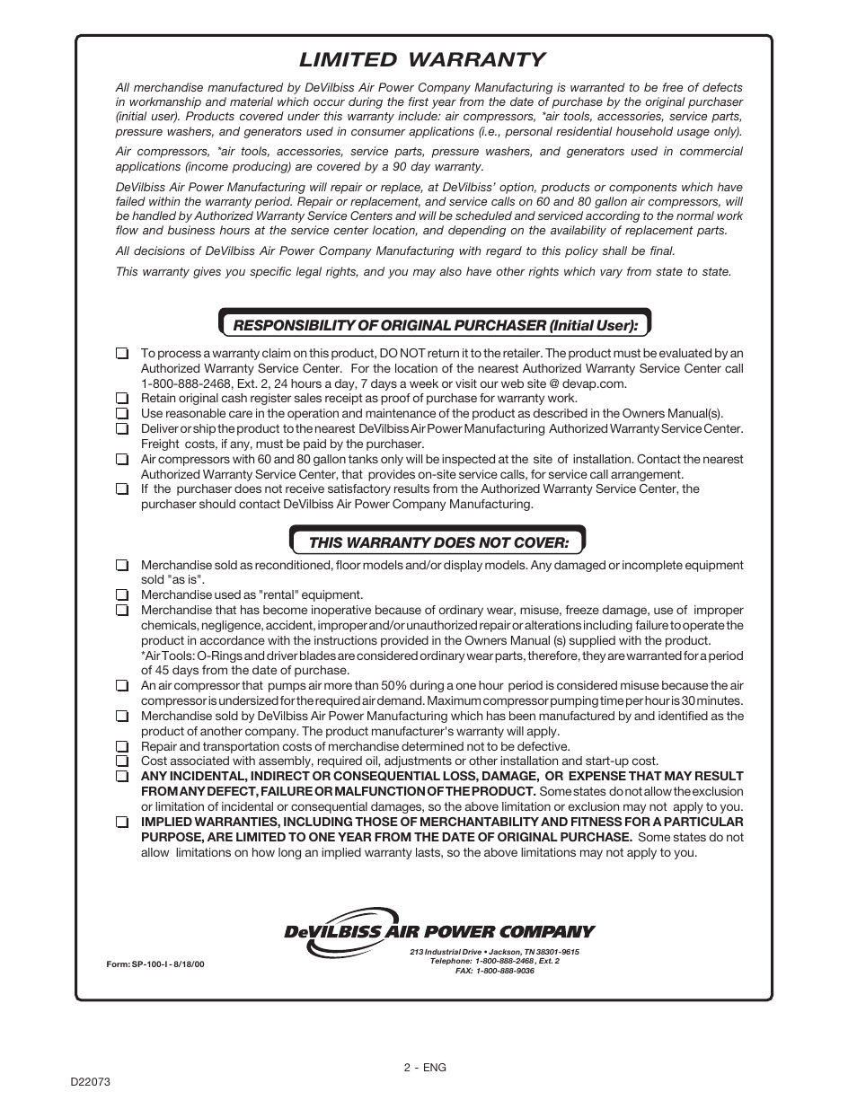 Limited warranty | DeVilbiss D22073 User Manual | Page 2 / 12