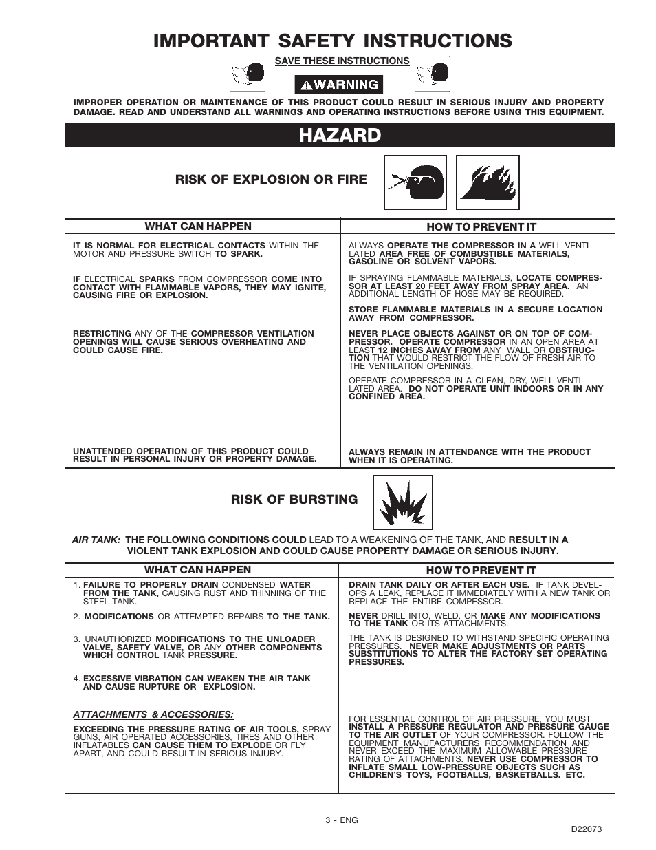 Important safety instructions, Hazard, Risk of bursting | Risk of explosion or fire | DeVilbiss D22073 User Manual | Page 3 / 12