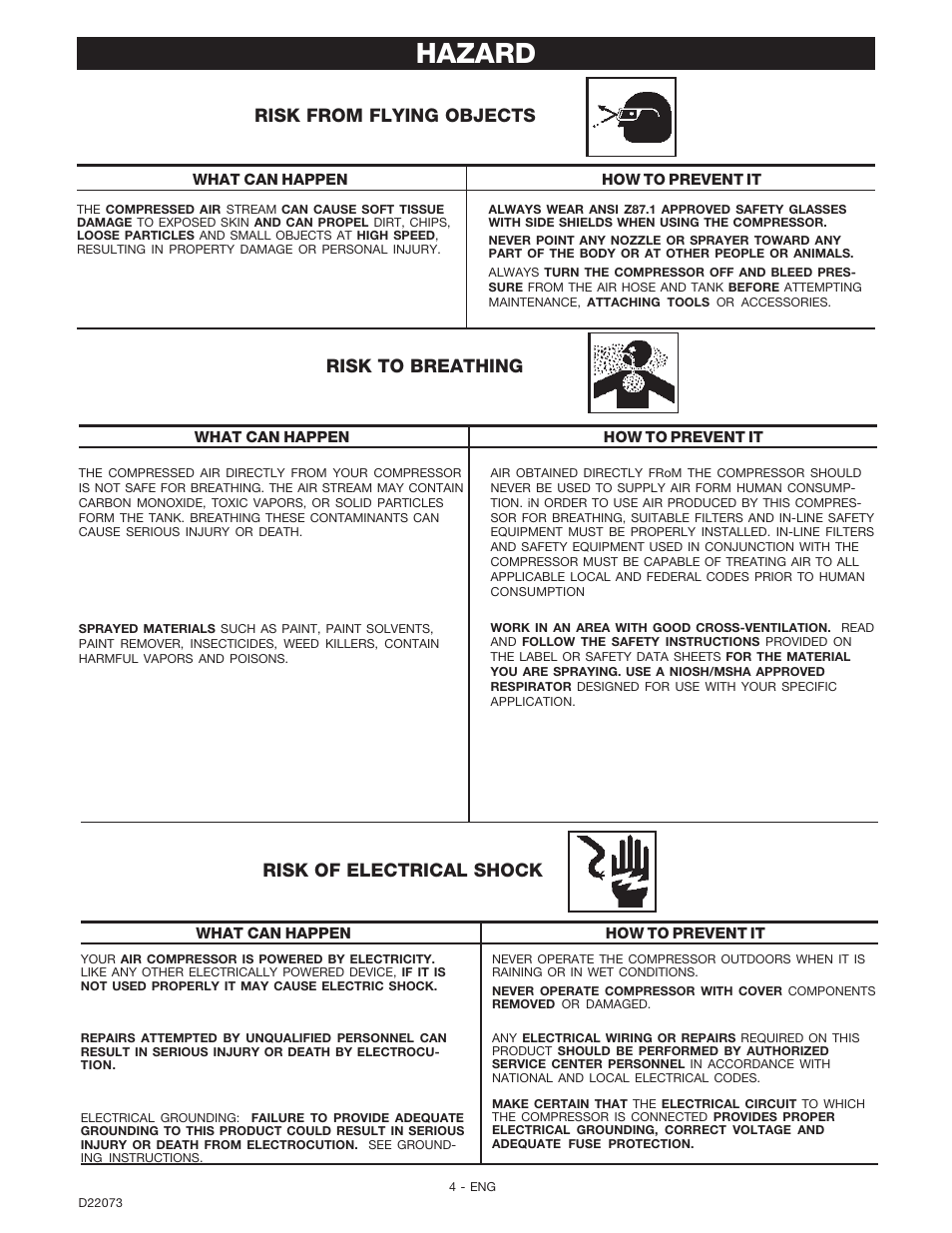 Hazard, Risk from flying objects, Risk to breathing | Risk of electrical shock | DeVilbiss D22073 User Manual | Page 4 / 12