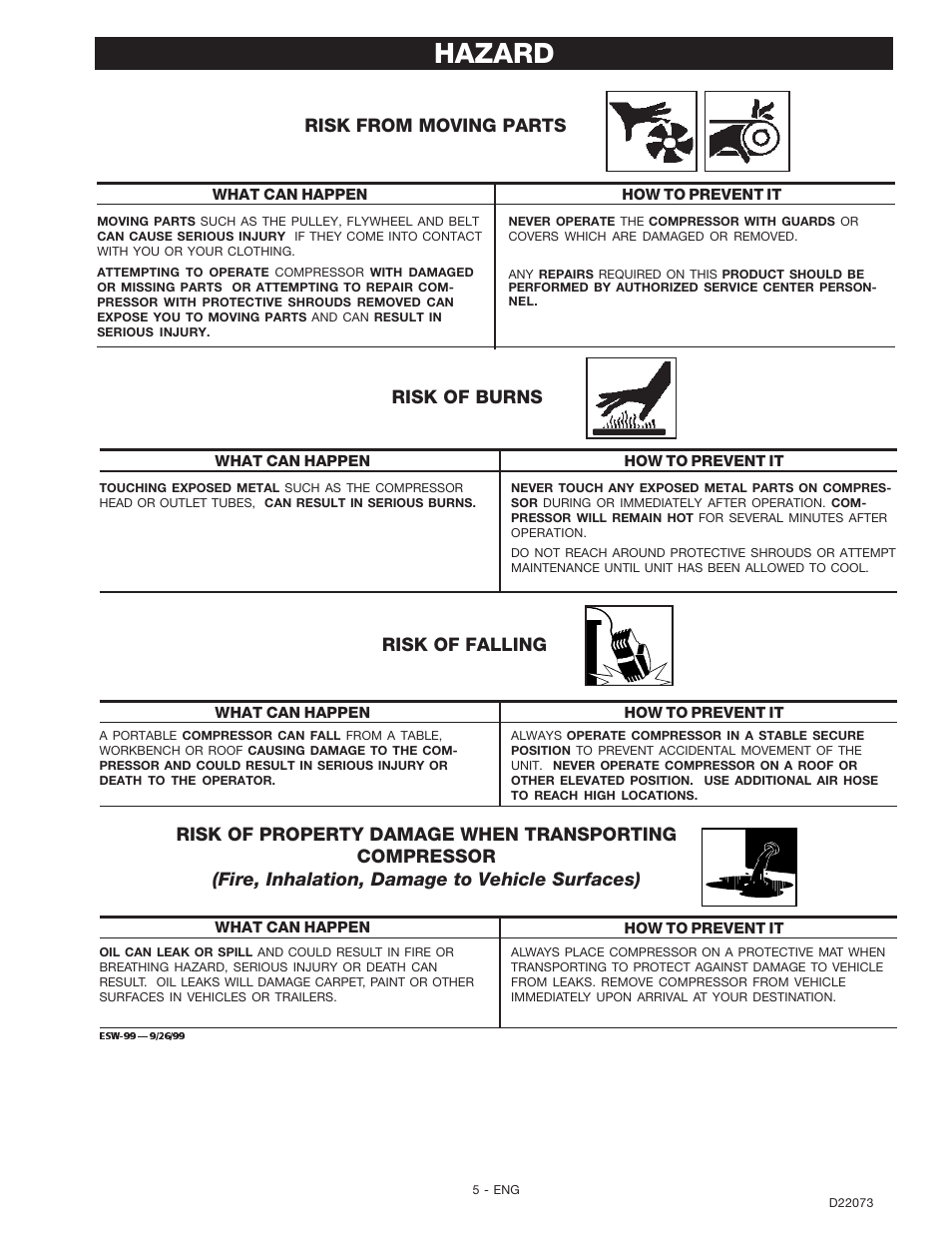 Hazard, Risk from moving parts, Risk of falling | DeVilbiss D22073 User Manual | Page 5 / 12