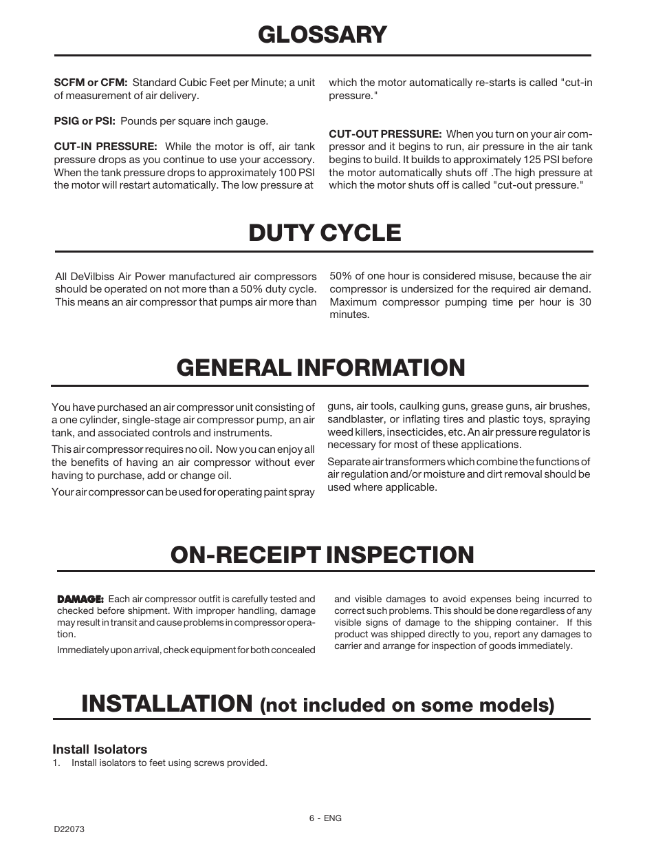 Glossary, Duty cycle, General information | On-receipt inspection, Installation, Not included on some models) | DeVilbiss D22073 User Manual | Page 6 / 12