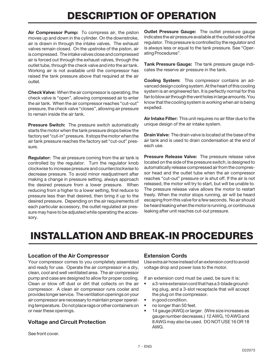 Description of operation, Installation and break-in procedures | DeVilbiss D22073 User Manual | Page 7 / 12
