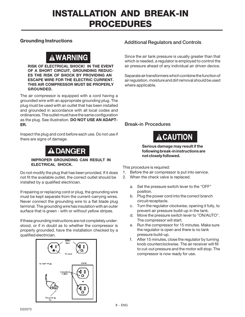 Installation and break-in procedures | DeVilbiss D22073 User Manual | Page 8 / 12