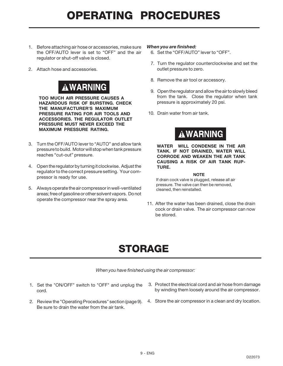 Operating procedures, Storage | DeVilbiss D22073 User Manual | Page 9 / 12