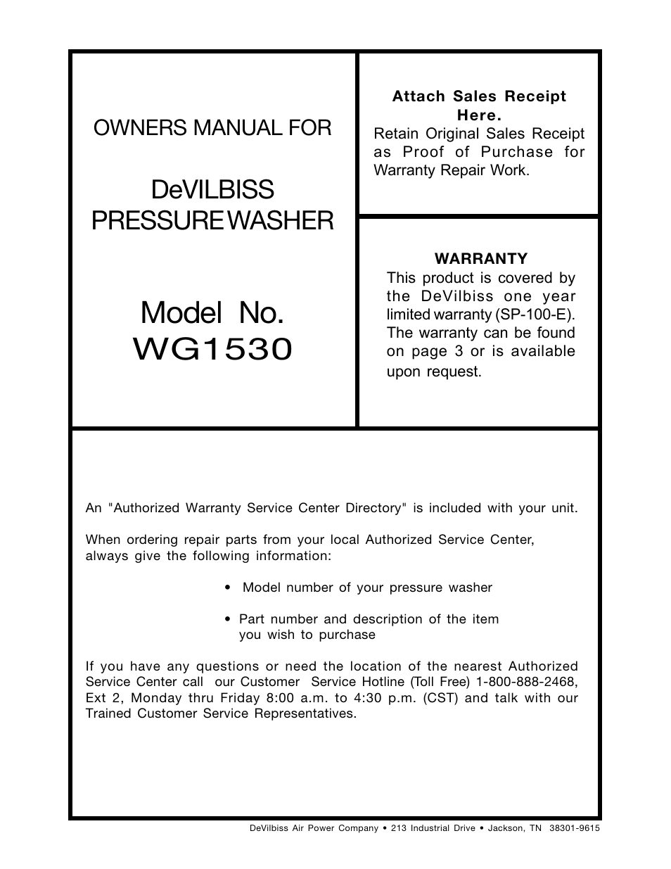 Model no. wg1530, Devilbiss pressure washer, Owners manual for | DeVilbiss WG1530 User Manual | Page 16 / 16