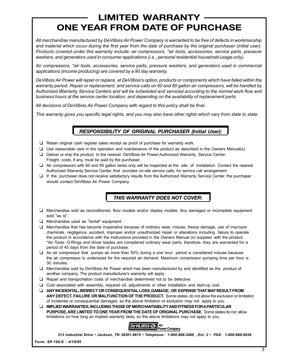 Limited warranty one year from date of purchase | DeVilbiss WG1530 User Manual | Page 3 / 16