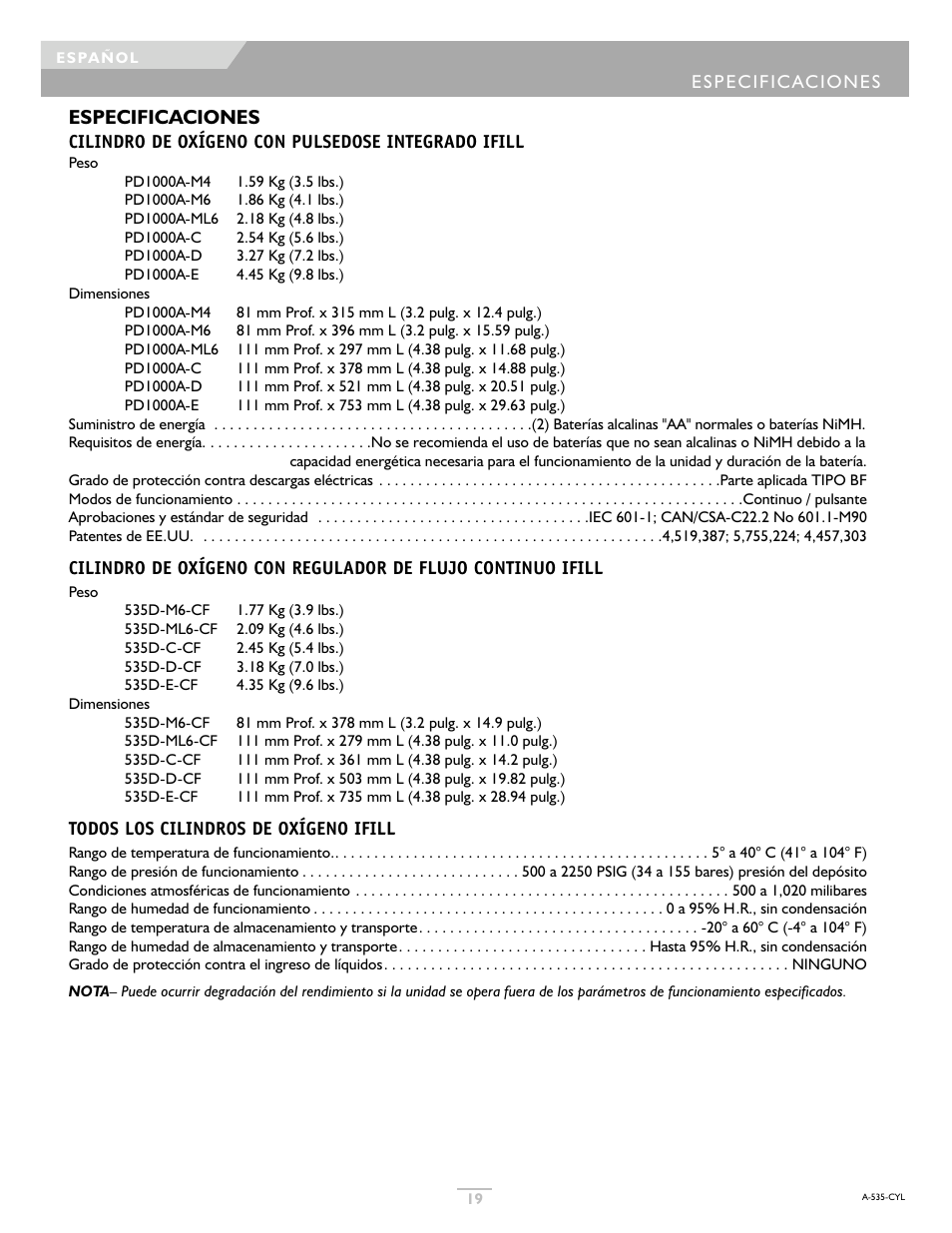 Especificaciones | DeVilbiss IFILL PD1000A User Manual | Page 19 / 28