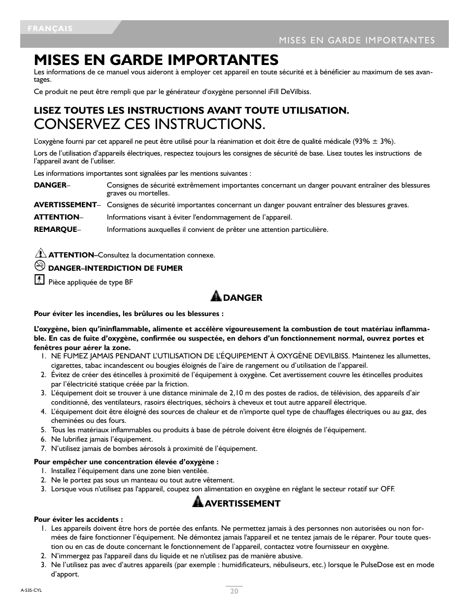 Mises en garde importantes, Conservez ces instructions | DeVilbiss IFILL PD1000A User Manual | Page 20 / 28