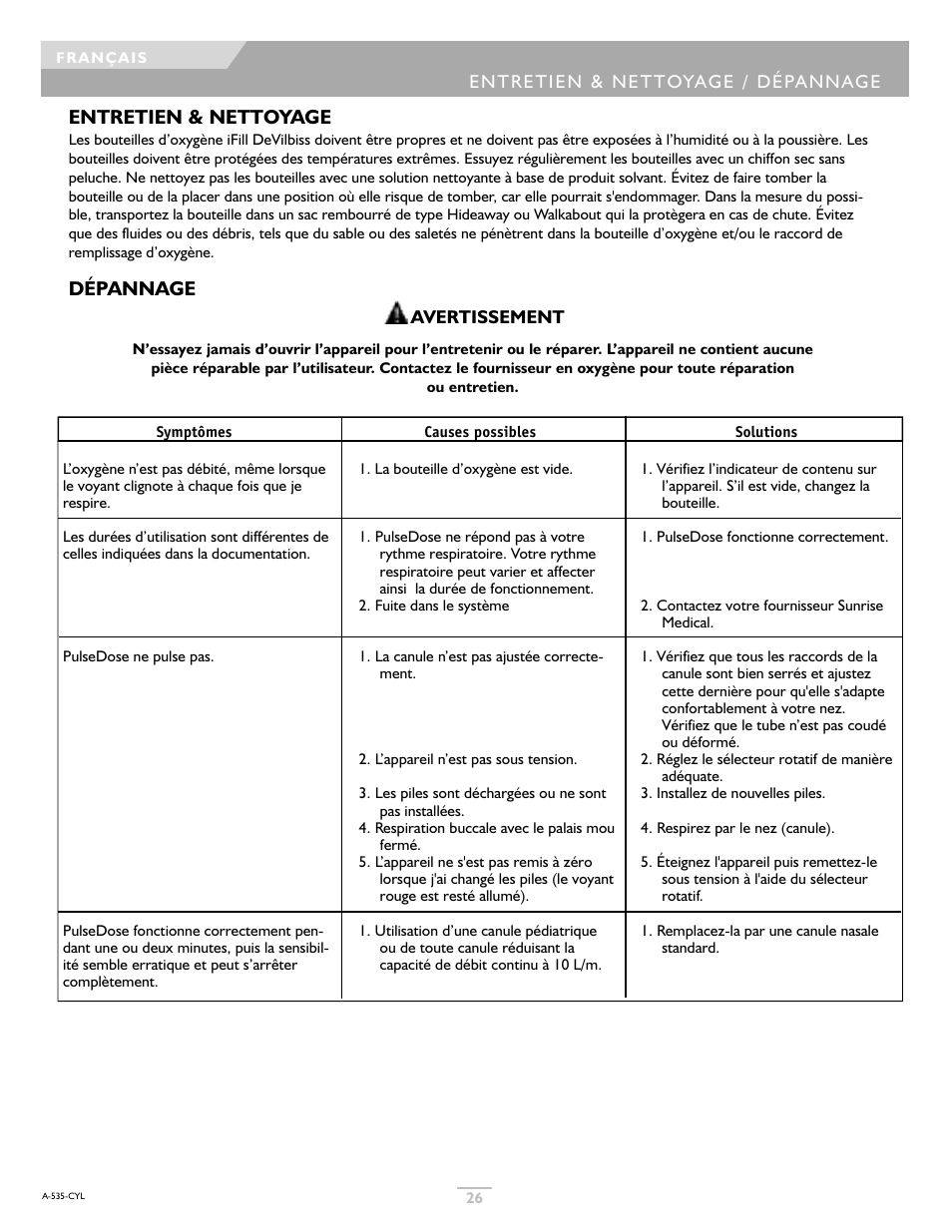 Entretien & nettoyage, Dépannage | DeVilbiss IFILL PD1000A User Manual | Page 26 / 28