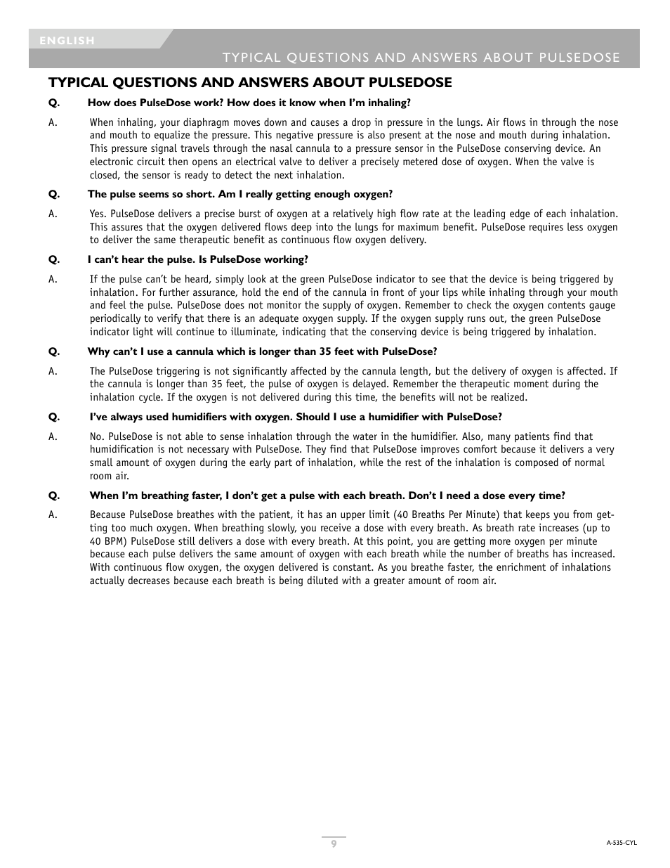 Typical questions and answers about pulsedose | DeVilbiss IFILL PD1000A User Manual | Page 9 / 28