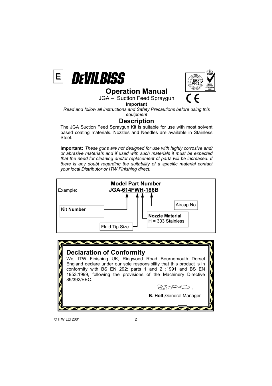 Operation manual, Description, Declaration of conformity | DeVilbiss JGA-614FWH-186B User Manual | Page 2 / 8