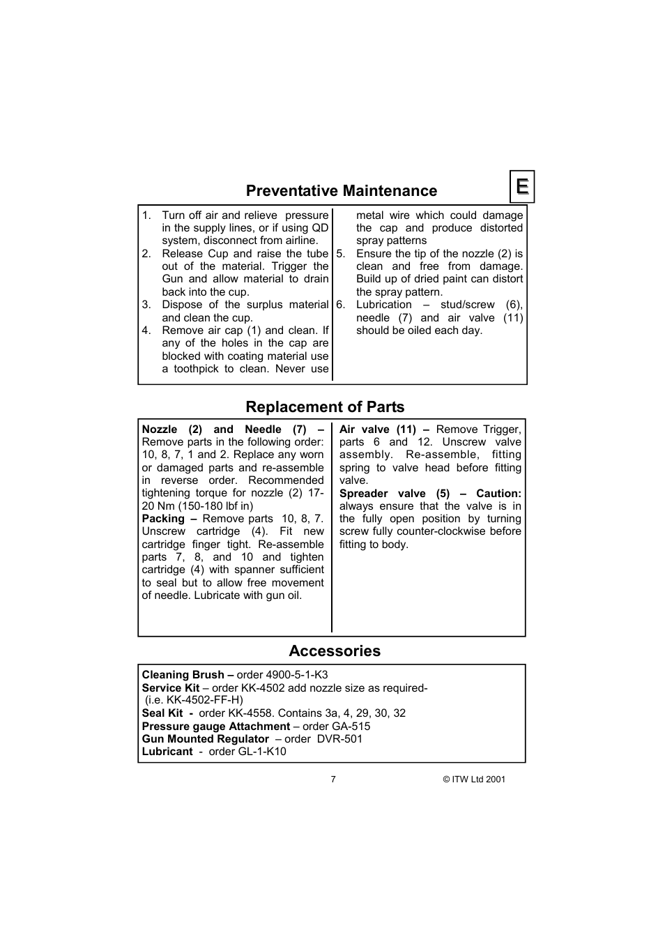 Preventative maintenance, Replacement of parts, Accessories | DeVilbiss JGA-614FWH-186B User Manual | Page 7 / 8