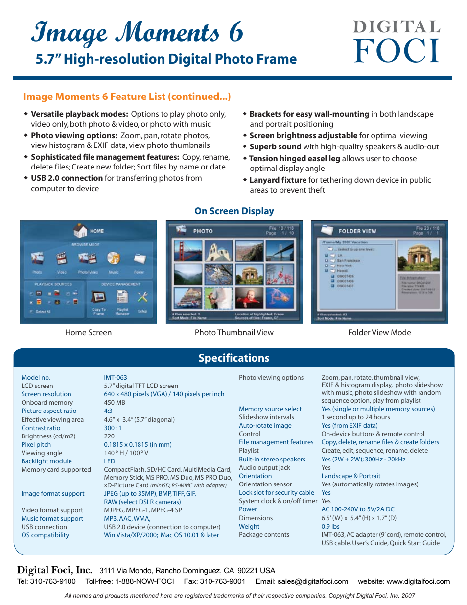 If c o, Image moments 6, 7” high-resolution digital photo frame | Specifications, Digital foci, inc, Image moments 6 feature list (continued...) | Digital Foci Image Moments 6 User Manual | Page 2 / 2