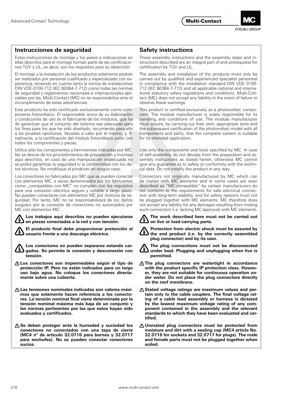 Instrucciones de seguridad safety instructions | Multi-Contact MA283 User Manual | Page 2 / 8