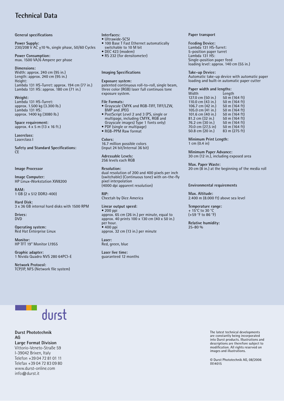 Technical data | Durst Lambda 131 HS User Manual | Page 8 / 8