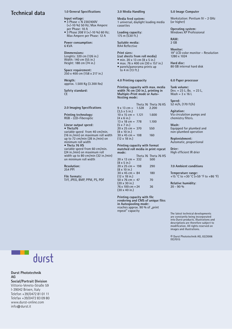 Technical data | Durst Theta 76 User Manual | Page 10 / 10