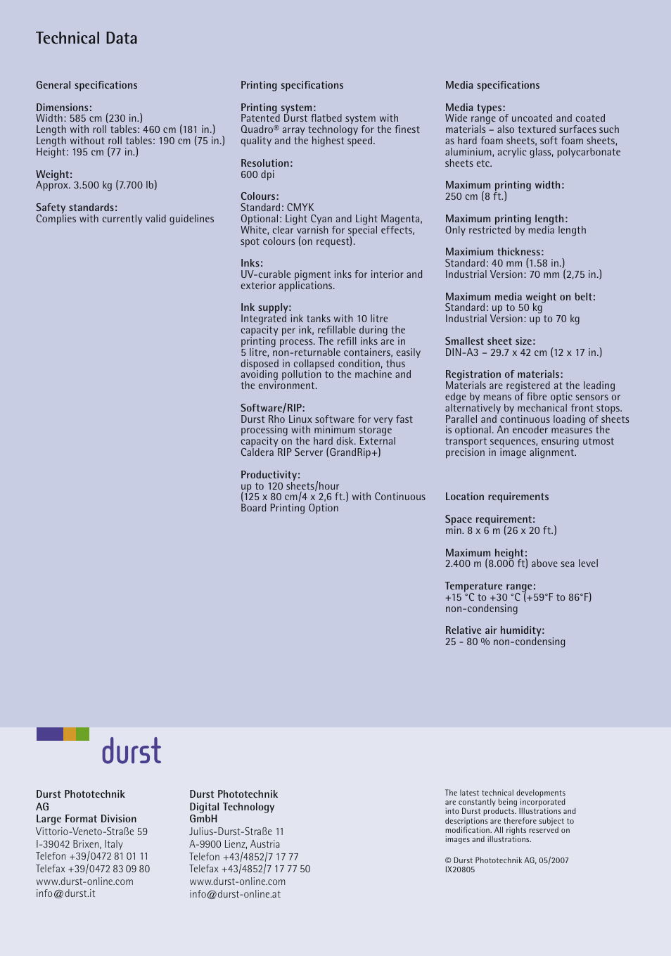 Technical data | Durst Rho 800 User Manual | Page 2 / 2