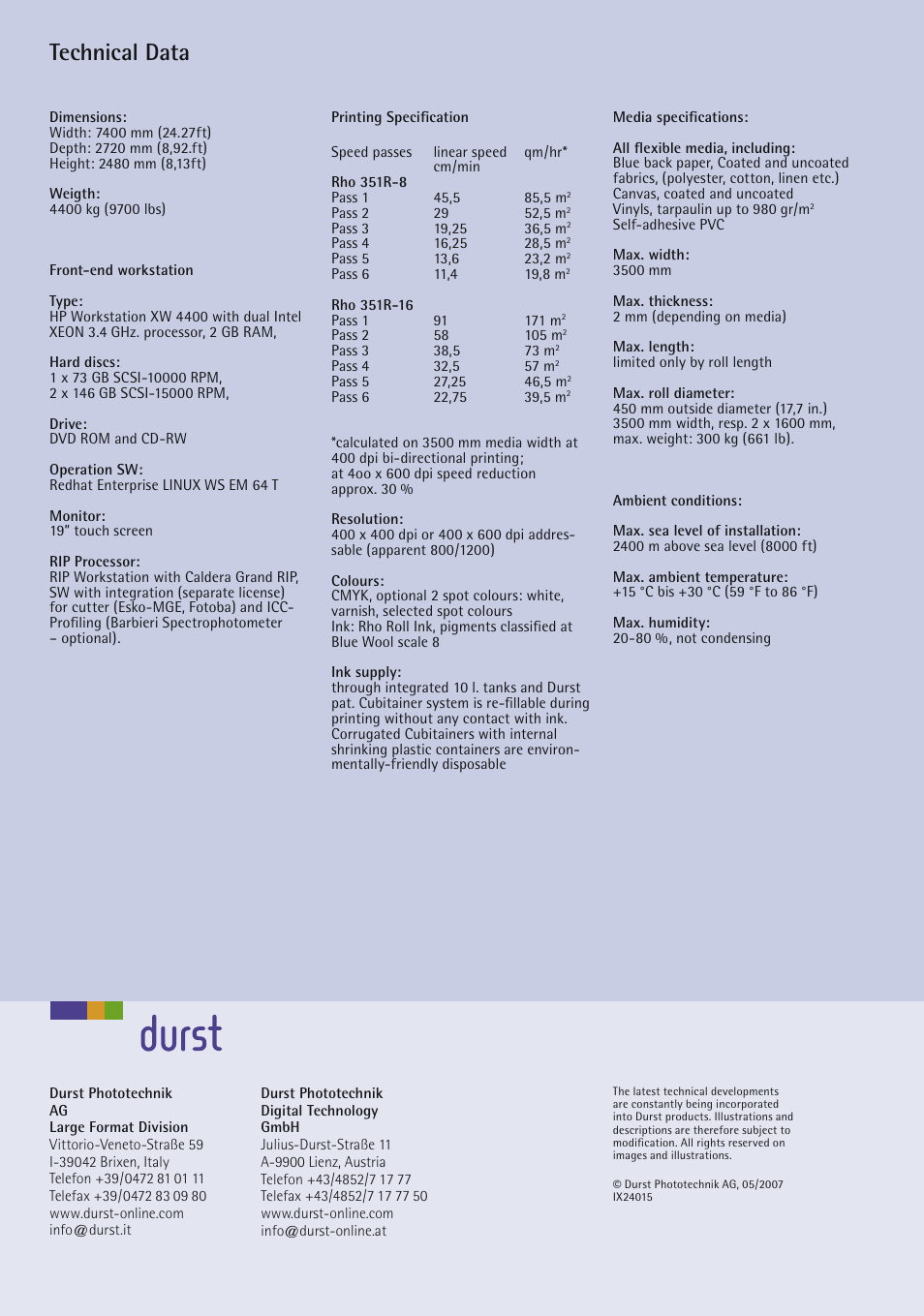 Technical data | Durst Rho 351R User Manual | Page 4 / 4