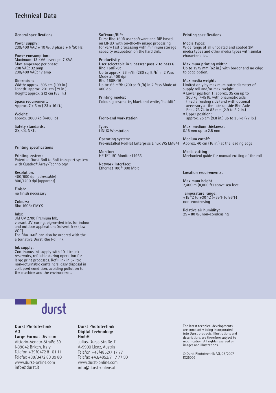 Technical data | Durst Roll-to-Roll UV Inkjet-Printer Rho 160R User Manual | Page 2 / 2