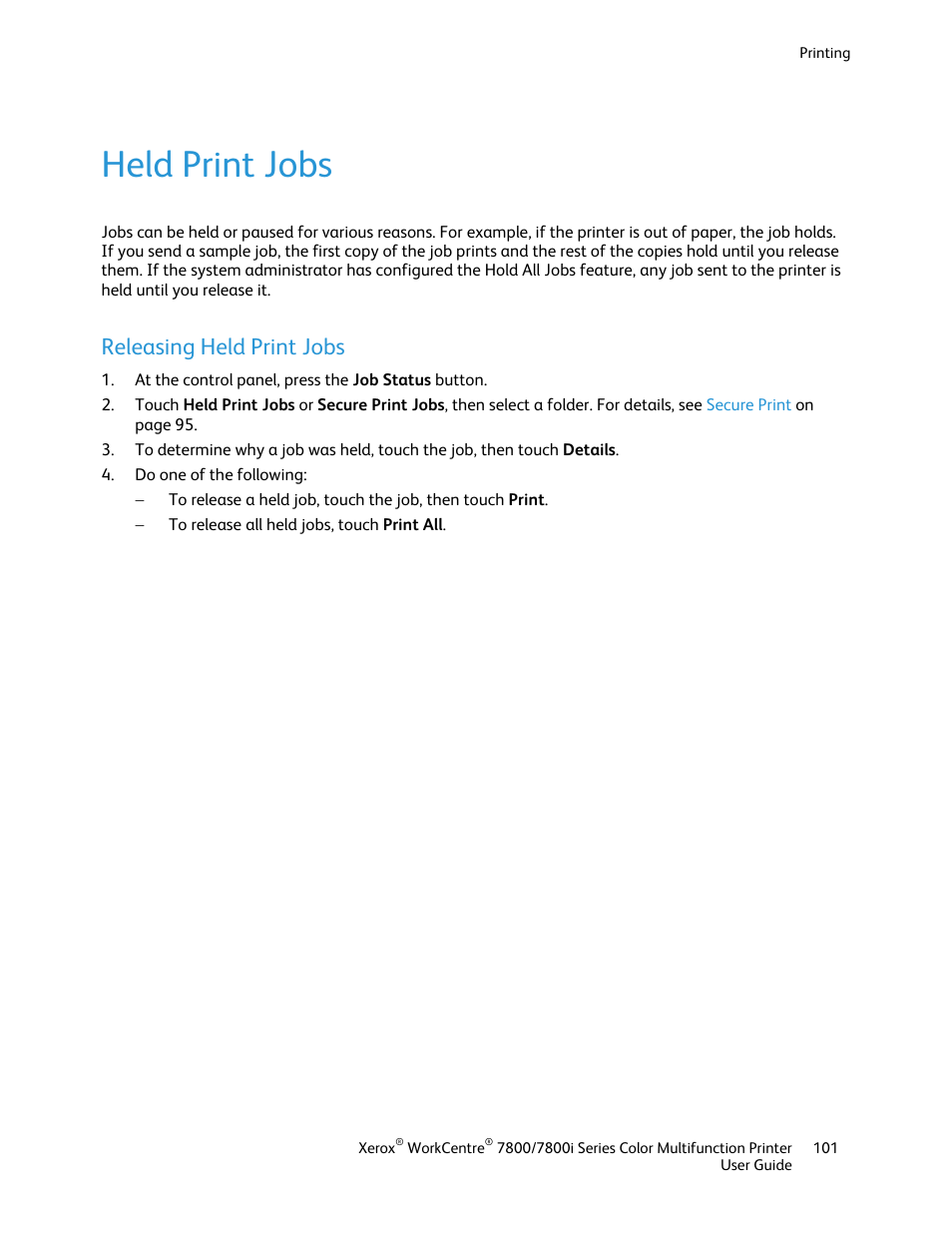 Held print jobs, Releasing held print jobs | Xerox WorkCentre 7835ii User Manual | Page 101 / 336