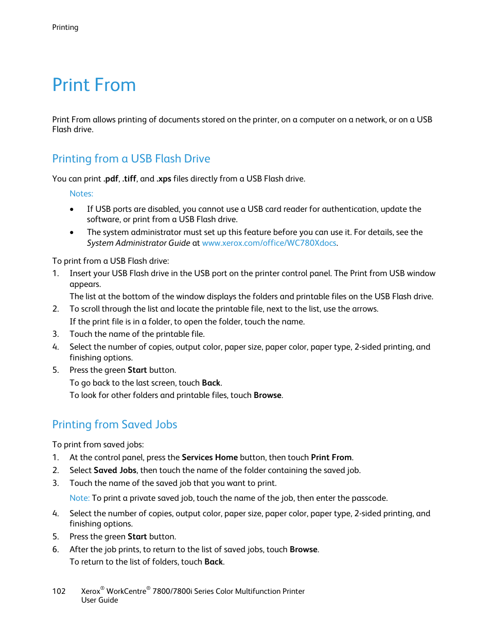 Print from, Printing from a usb flash drive, Printing from saved jobs | Xerox WorkCentre 7835ii User Manual | Page 102 / 336