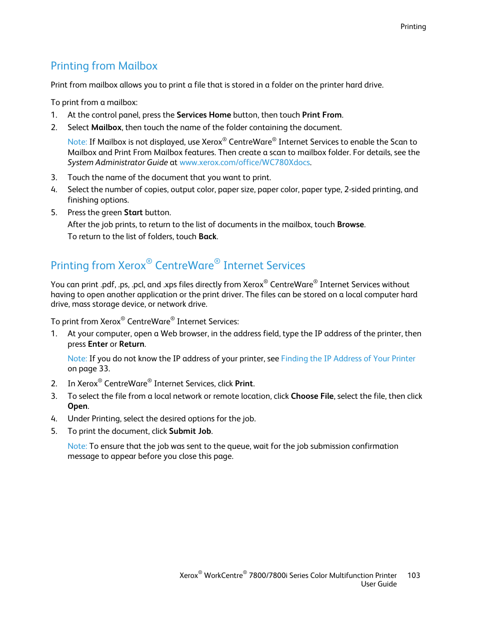 Printing from mailbox, Printing from xerox® centreware® internet services, Printing from xerox | Centreware, Internet services | Xerox WorkCentre 7835ii User Manual | Page 103 / 336