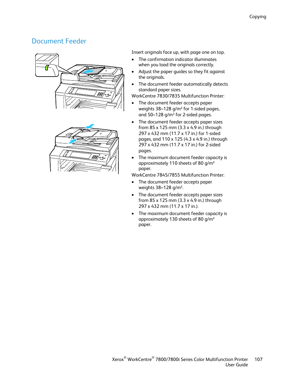 Document feeder | Xerox WorkCentre 7835ii User Manual | Page 107 / 336