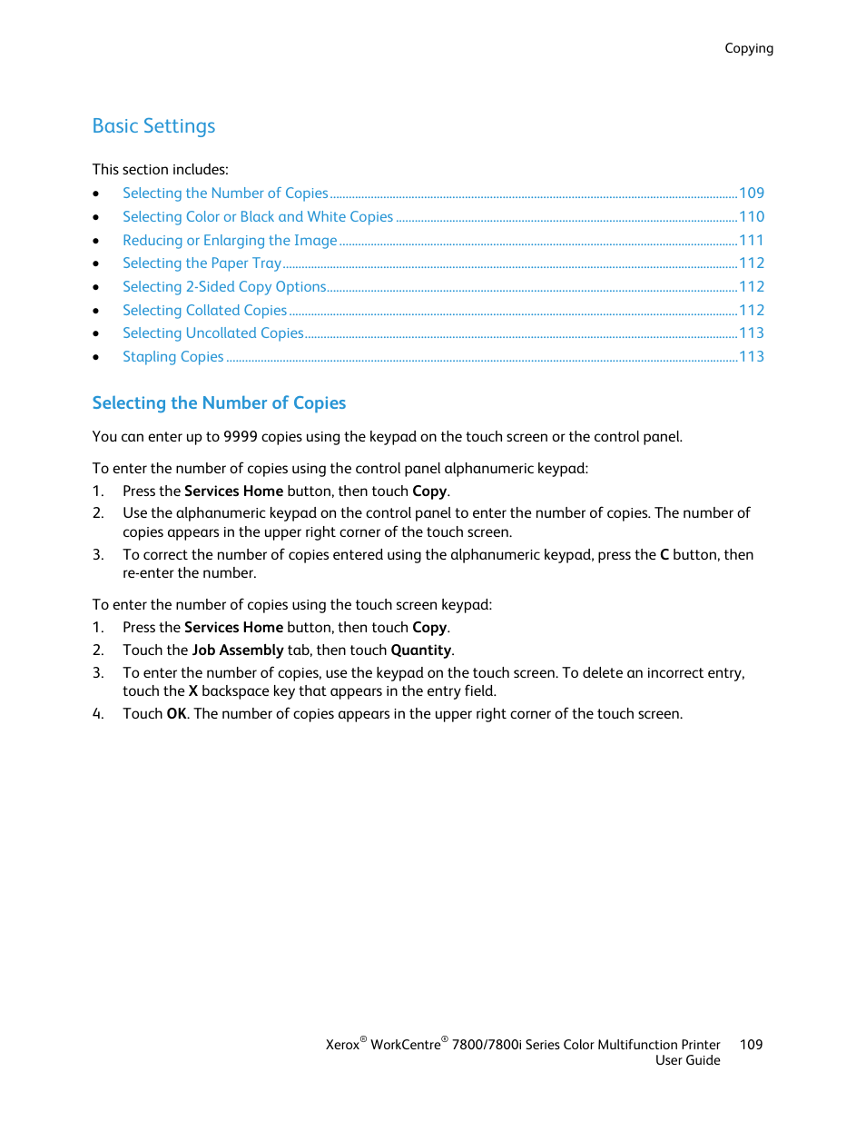 Basic settings, Selecting the number of copies | Xerox WorkCentre 7835ii User Manual | Page 109 / 336