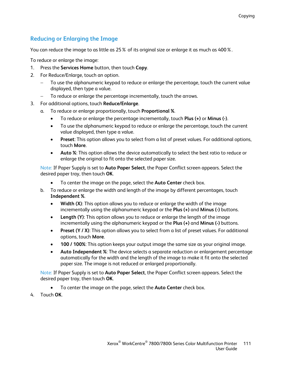 Reducing or enlarging the image | Xerox WorkCentre 7835ii User Manual | Page 111 / 336