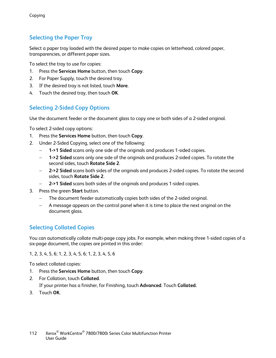 Selecting the paper tray, Selecting 2-sided copy options, Selecting collated copies | Xerox WorkCentre 7835ii User Manual | Page 112 / 336