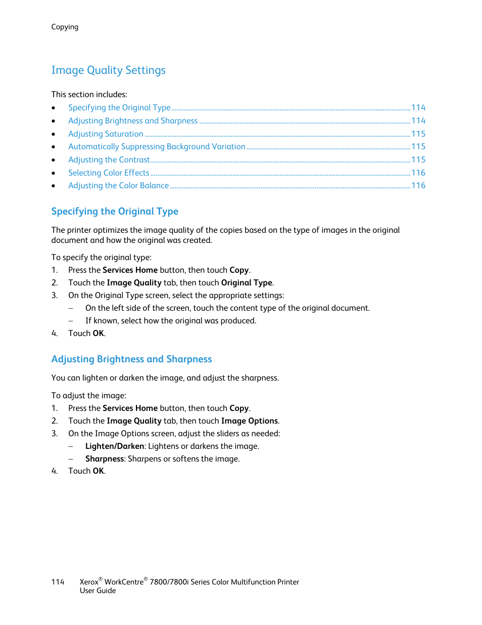 Image quality settings, Specifying the original type, Adjusting brightness and sharpness | Xerox WorkCentre 7835ii User Manual | Page 114 / 336