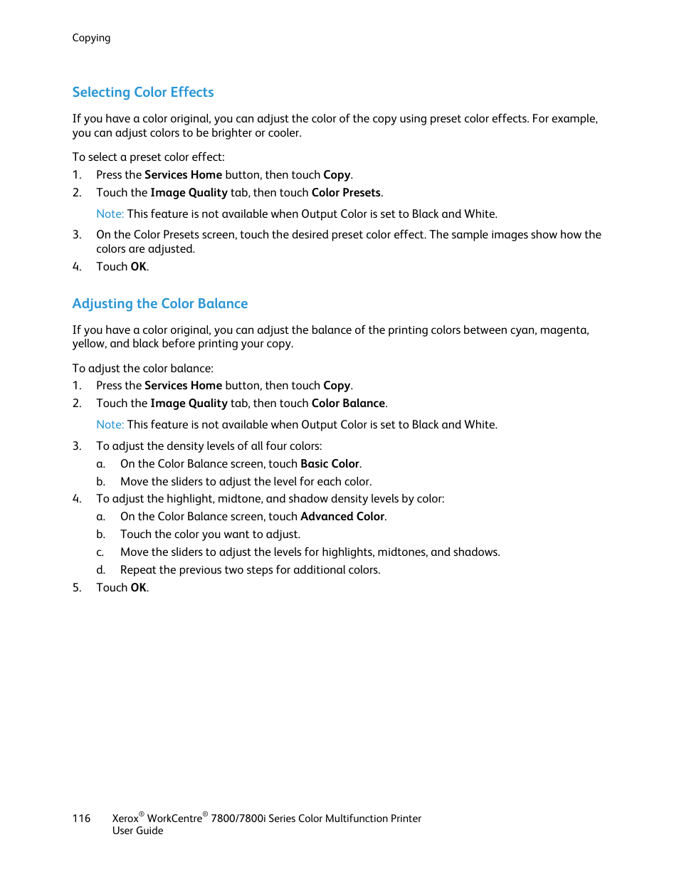 Selecting color effects, Adjusting the color balance | Xerox WorkCentre 7835ii User Manual | Page 116 / 336