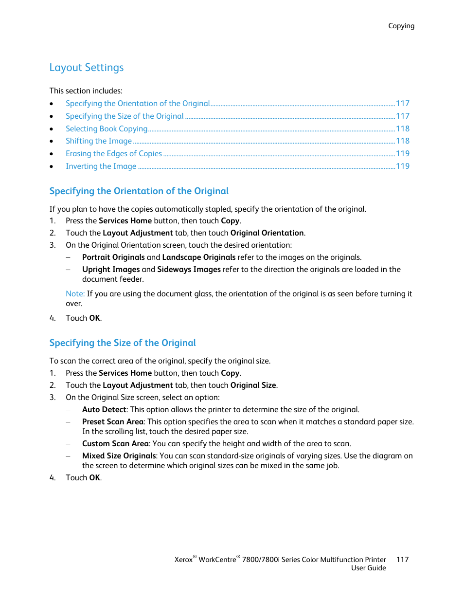 Layout settings, Specifying the orientation of the original, Specifying the size of the original | Xerox WorkCentre 7835ii User Manual | Page 117 / 336