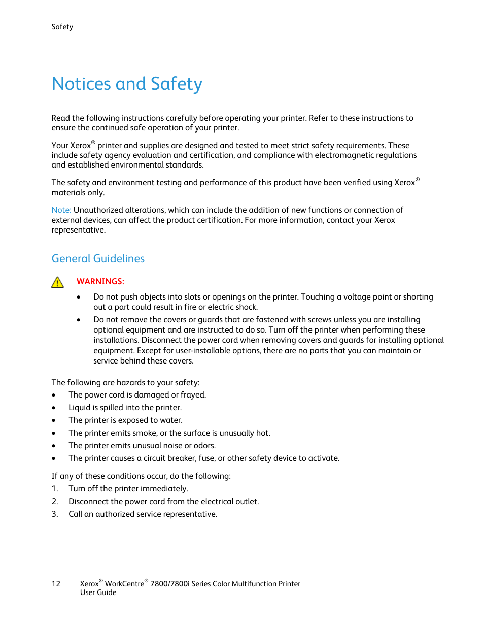 Notices and safety, General guidelines | Xerox WorkCentre 7835ii User Manual | Page 12 / 336
