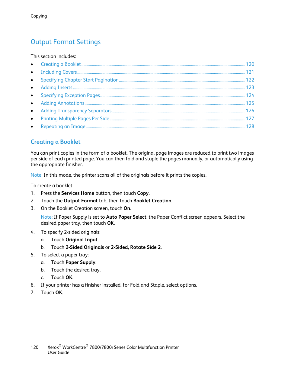 Output format settings, Creating a booklet | Xerox WorkCentre 7835ii User Manual | Page 120 / 336