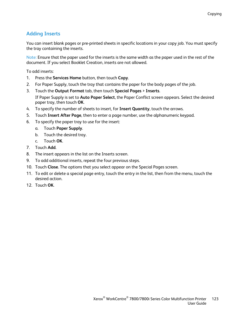 Adding inserts | Xerox WorkCentre 7835ii User Manual | Page 123 / 336
