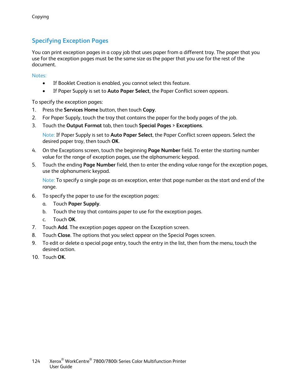 Specifying exception pages | Xerox WorkCentre 7835ii User Manual | Page 124 / 336