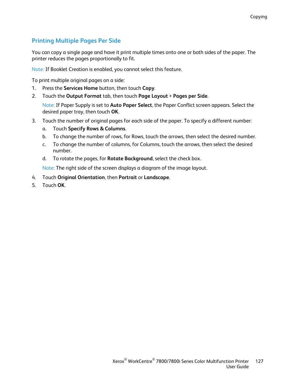 Printing multiple pages per side | Xerox WorkCentre 7835ii User Manual | Page 127 / 336