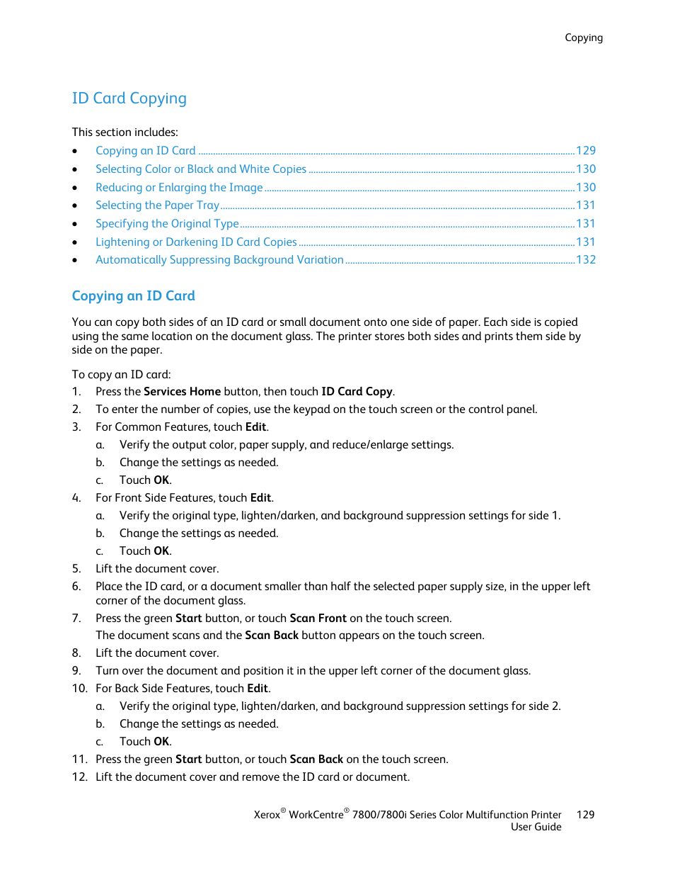 Id card copying, Copying an id card | Xerox WorkCentre 7835ii User Manual | Page 129 / 336