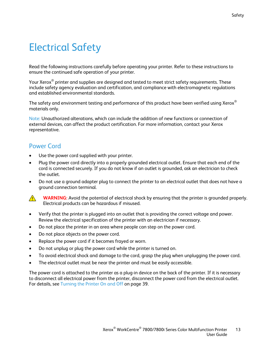Electrical safety, Power cord | Xerox WorkCentre 7835ii User Manual | Page 13 / 336