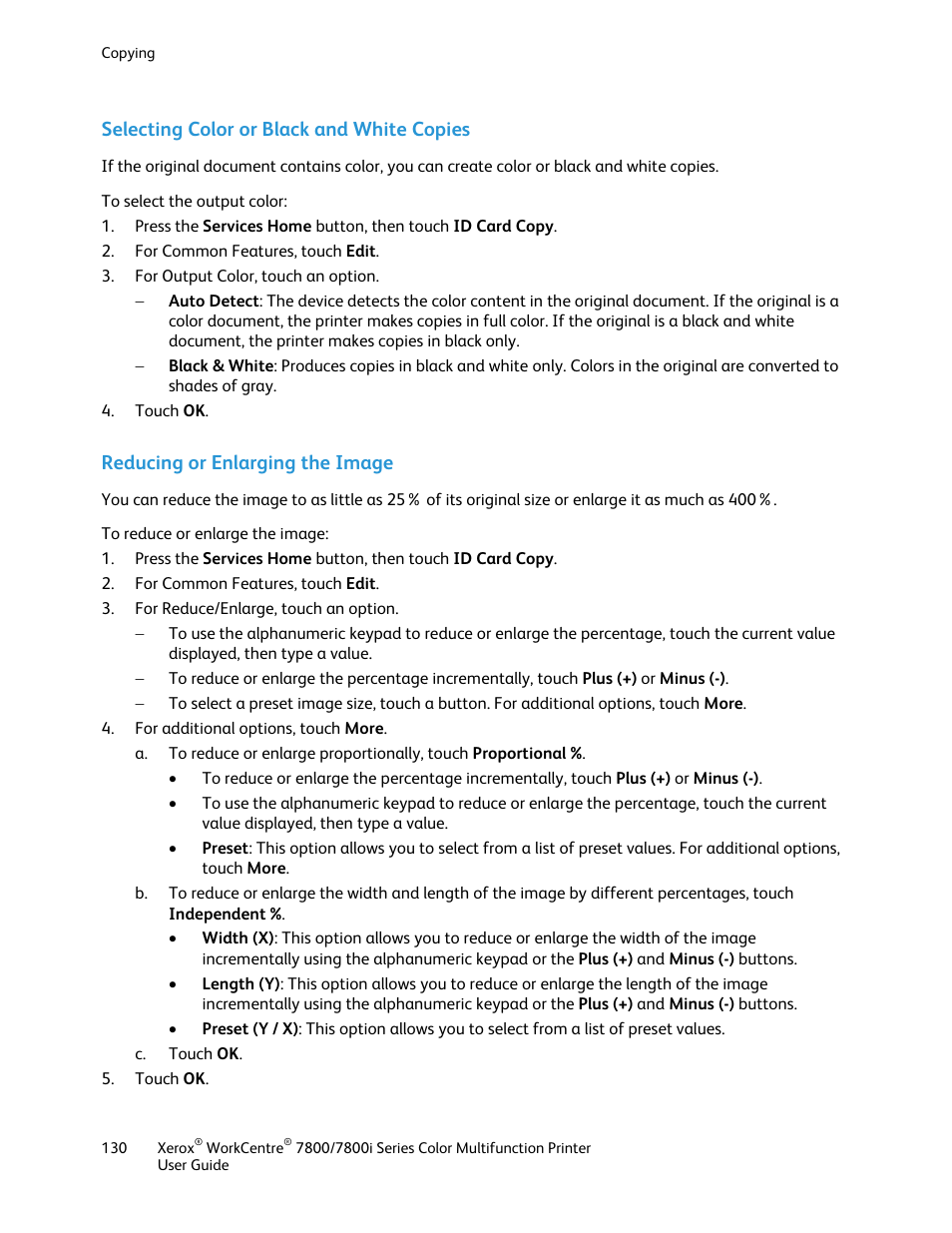 Selecting color or black and white copies, Reducing or enlarging the image | Xerox WorkCentre 7835ii User Manual | Page 130 / 336