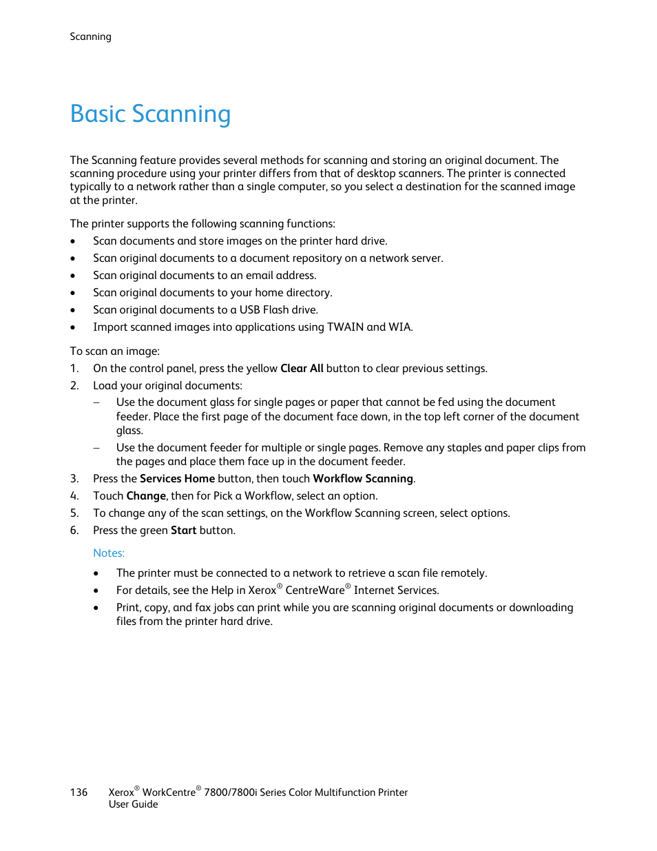 Basic scanning | Xerox WorkCentre 7835ii User Manual | Page 136 / 336