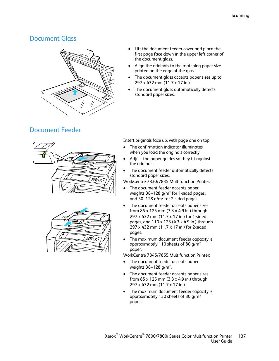 Document glass, Document feeder | Xerox WorkCentre 7835ii User Manual | Page 137 / 336