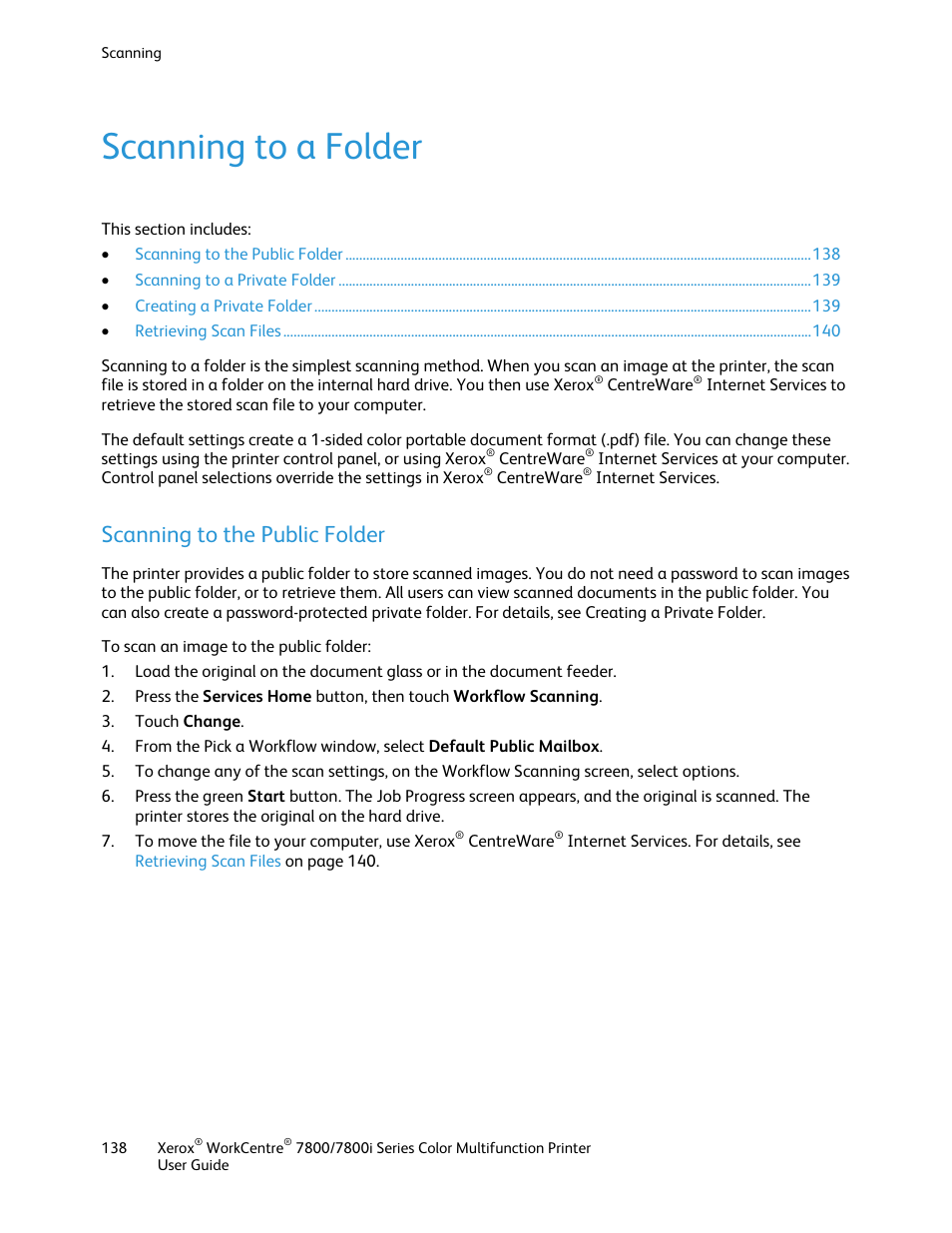 Scanning to a folder, Scanning to the public folder | Xerox WorkCentre 7835ii User Manual | Page 138 / 336