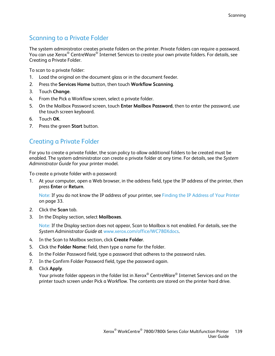 Scanning to a private folder, Creating a private folder | Xerox WorkCentre 7835ii User Manual | Page 139 / 336