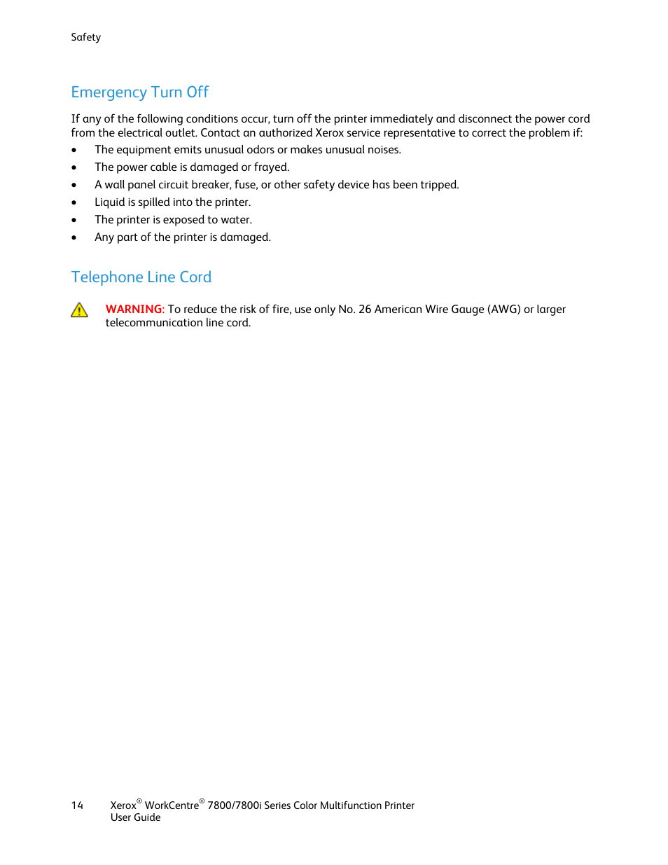 Emergency turn off, Telephone line cord | Xerox WorkCentre 7835ii User Manual | Page 14 / 336