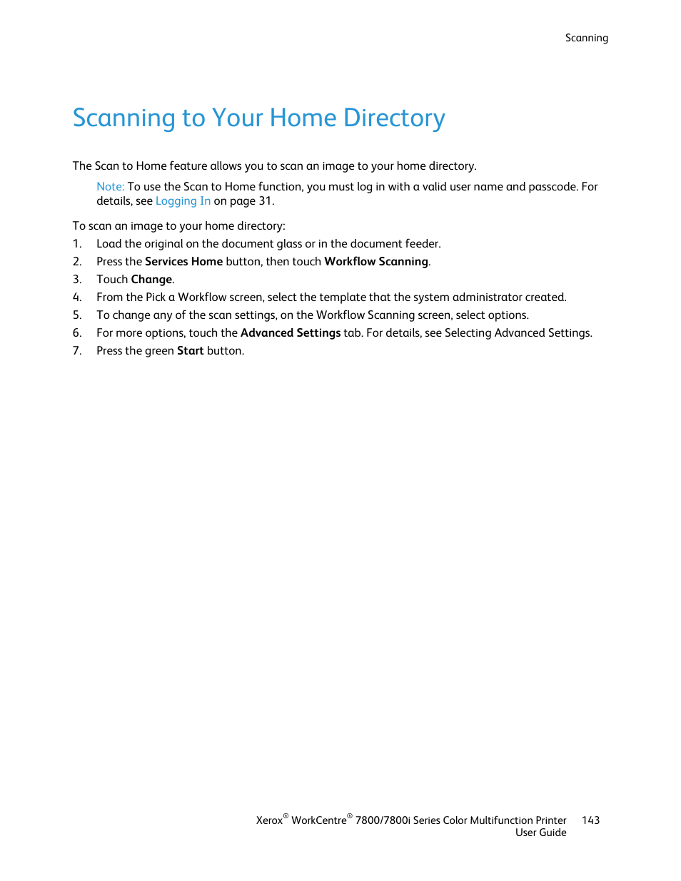 Scanning to your home directory | Xerox WorkCentre 7835ii User Manual | Page 143 / 336