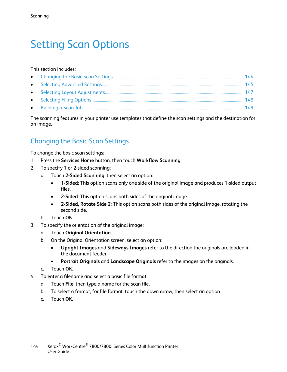 Setting scan options, Changing the basic scan settings | Xerox WorkCentre 7835ii User Manual | Page 144 / 336