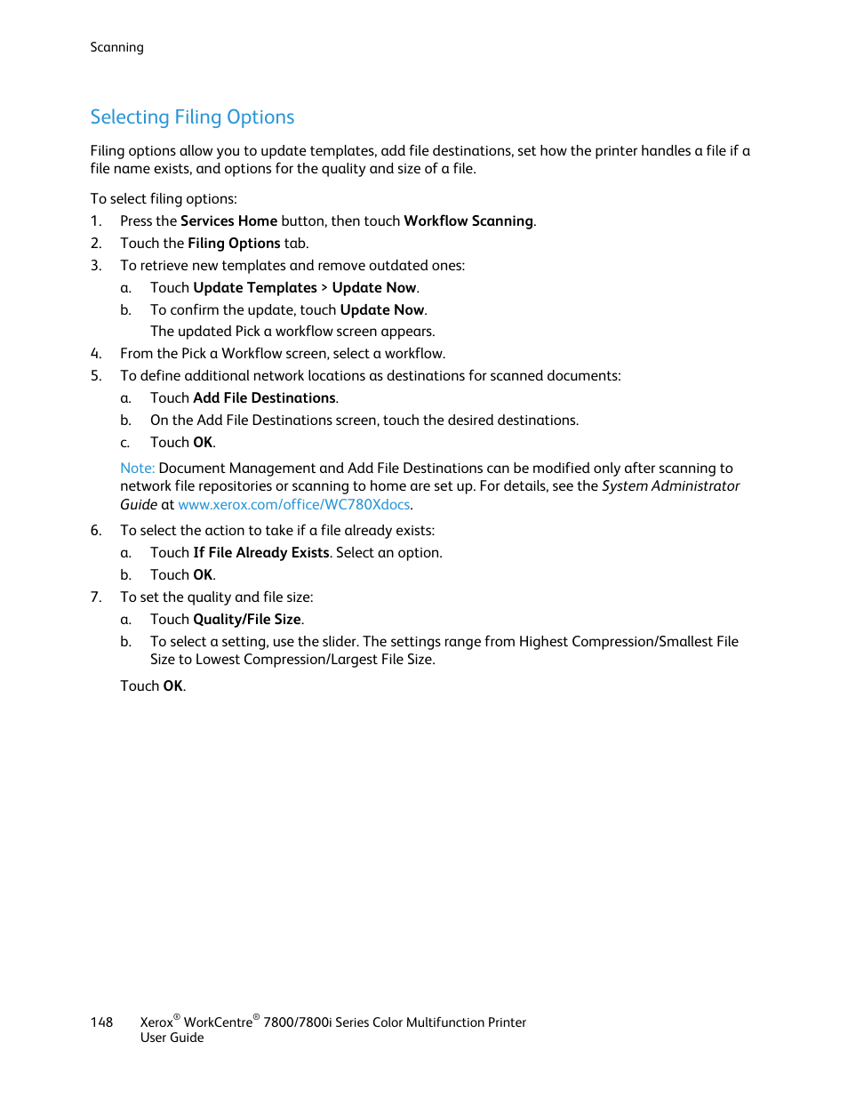 Selecting filing options | Xerox WorkCentre 7835ii User Manual | Page 148 / 336